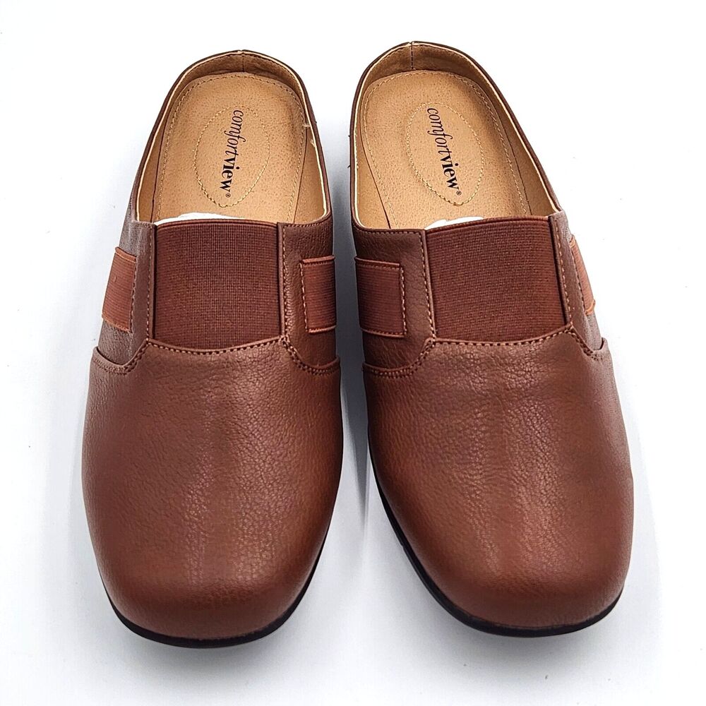 Comfortview Womens Shoes 9M Brown Faux Leather Mules Slip Ons NEW